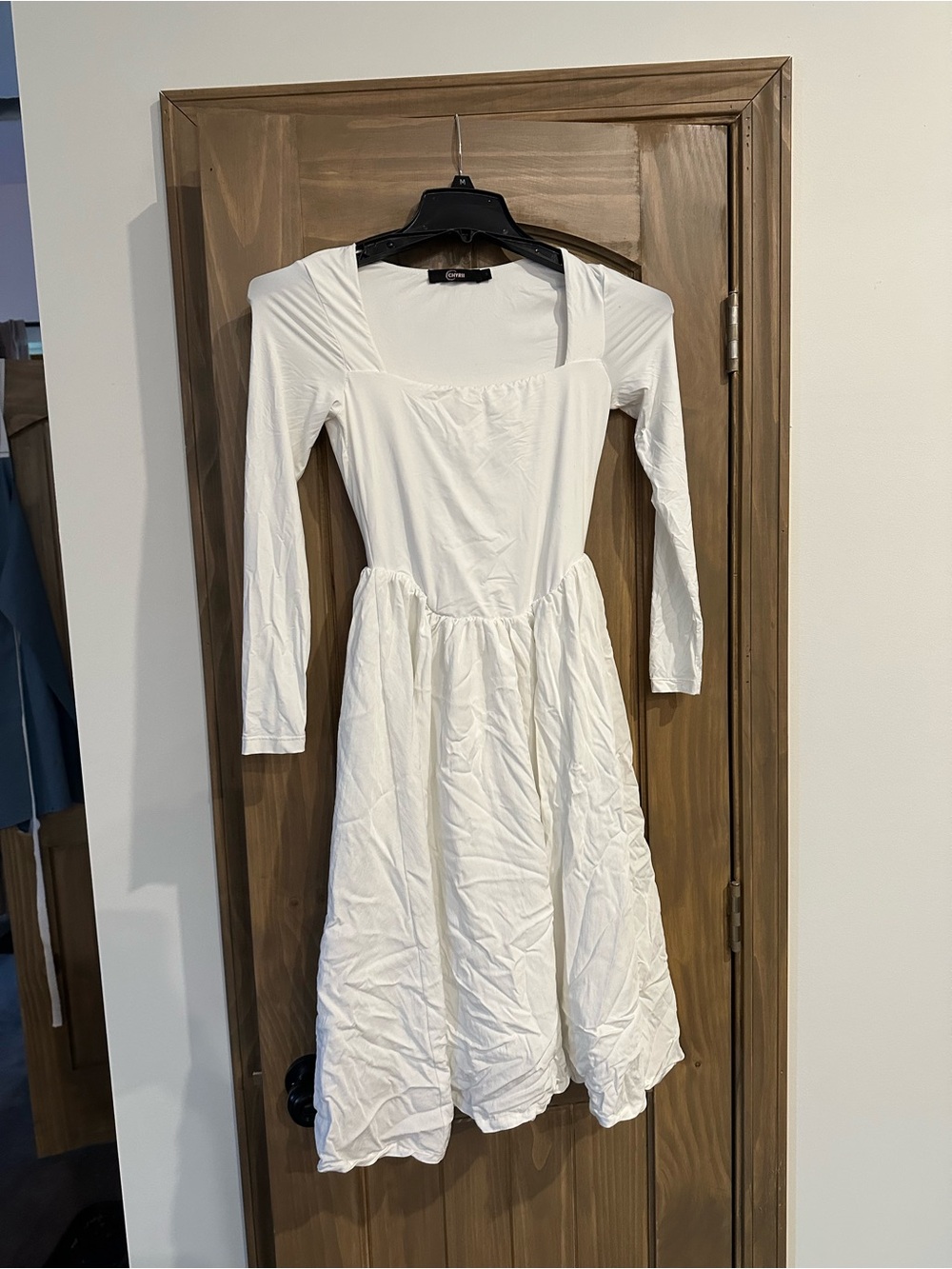 White Long-Sleeve Square Neck Midi Dress - Unbranded